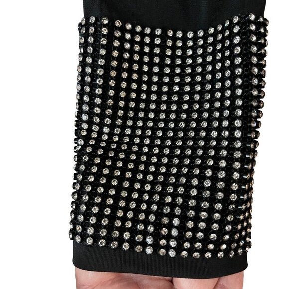 AQUA LUXE Little Black Dress Mini Bodycon Rhinestone Cuffs Women Small V-Back‎ - Picture 3 of 10